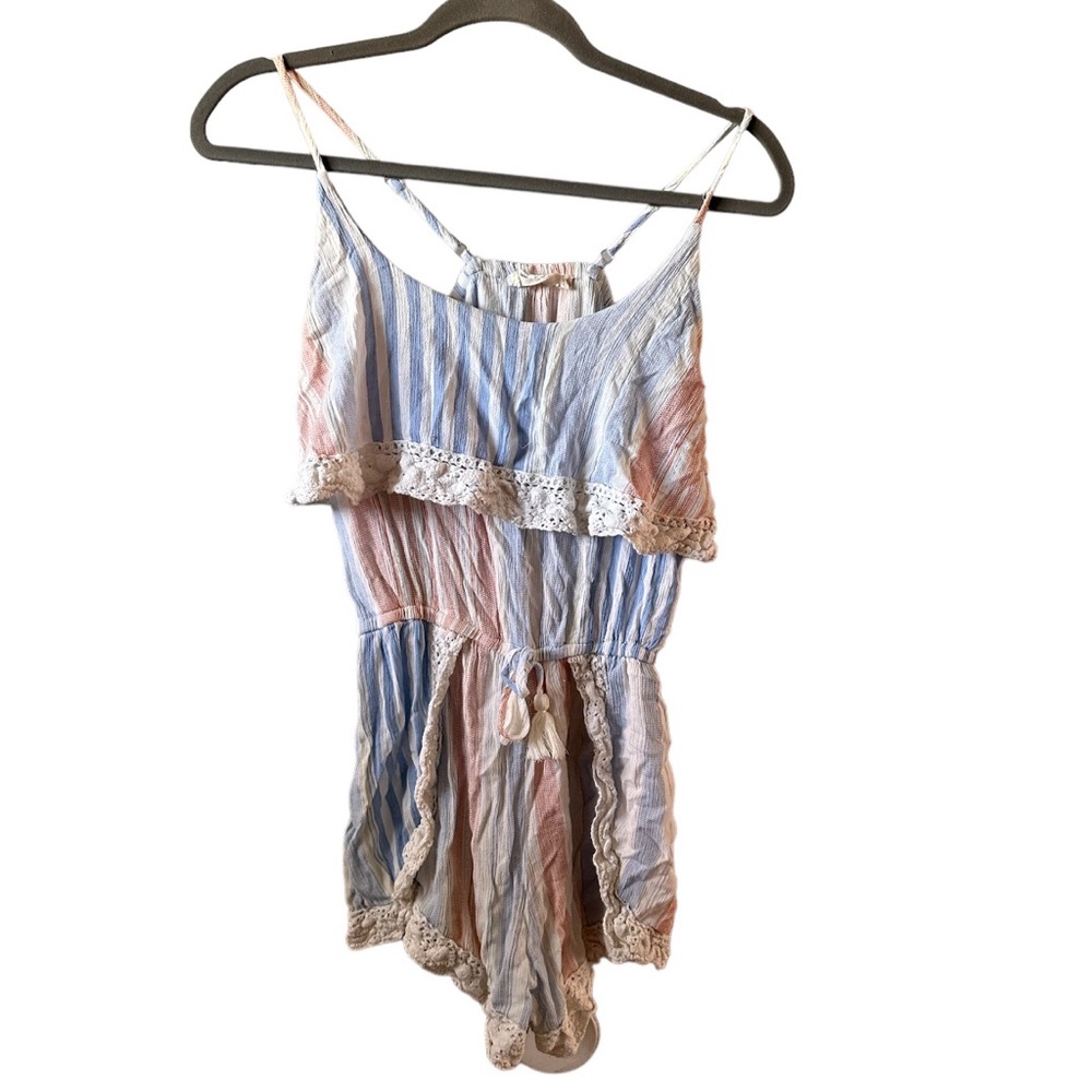 Ocean Drive Clothing Co. Women Blue Red Cream Kiawah Romper L Crochet Rayon